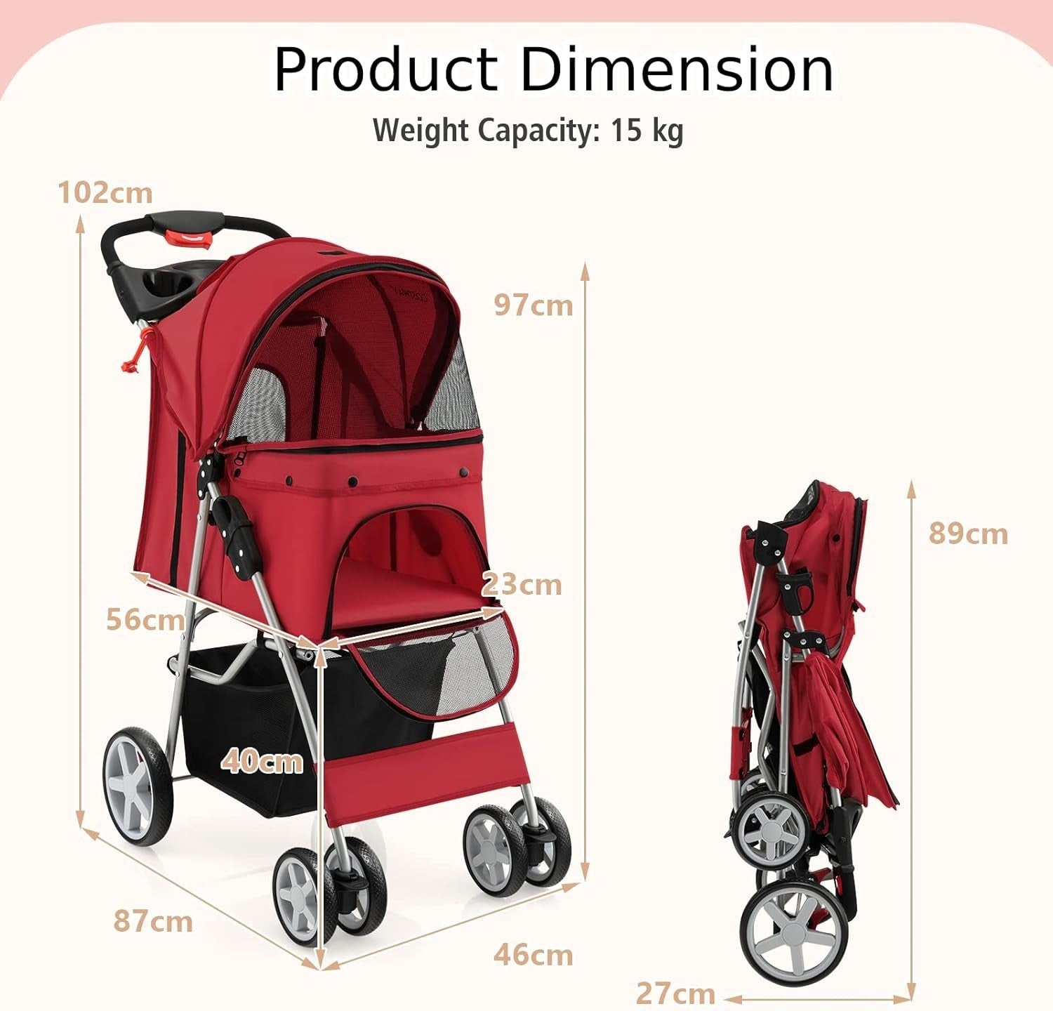 Red Pet Stroller Foldable Dog Cat Pushchair 15kg Storage Basket