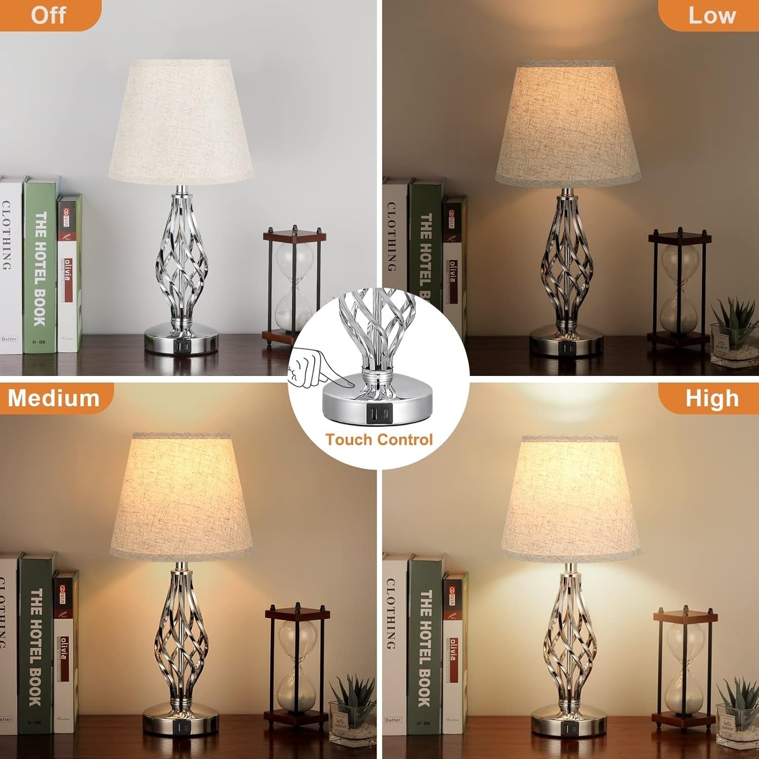 Touch Bedside Lamps Set of 2 USB Ports 3-Way Dimmable Beige Shades