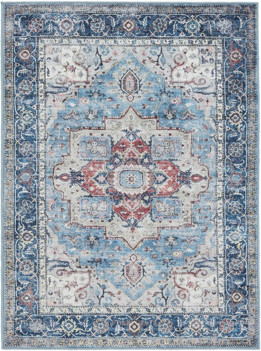 Large Oriental Area Rug 240x340cm Blue Multi Low Pile Machine Washable