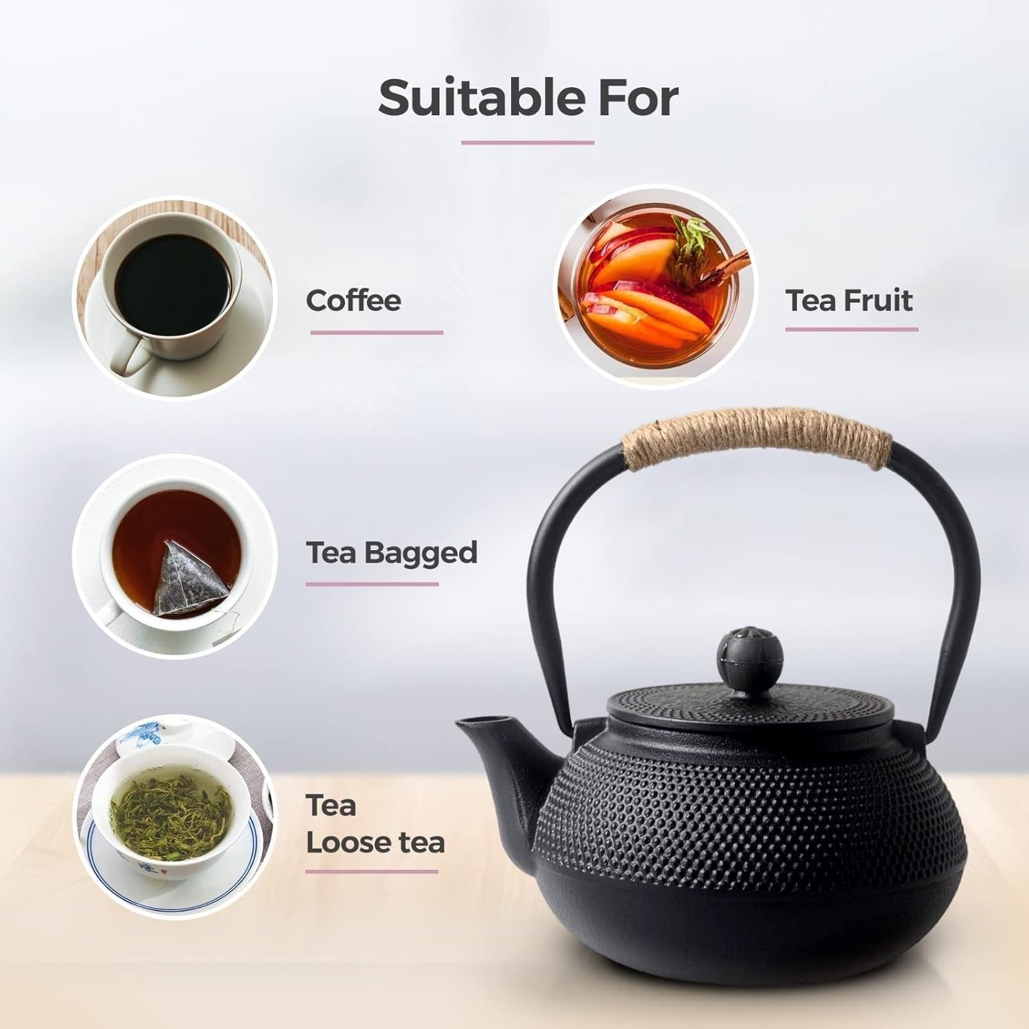 Cast Iron Teapot 1200ml Chinese Tetsubin Tea Pot w/ Infuser Black
