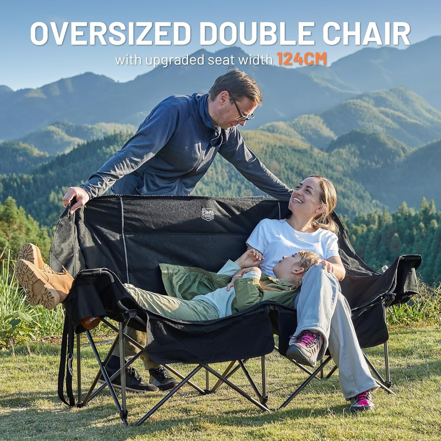 Heavy Duty Folding 2-Seater Camping Chair with Cup Holders & Bottle Opener