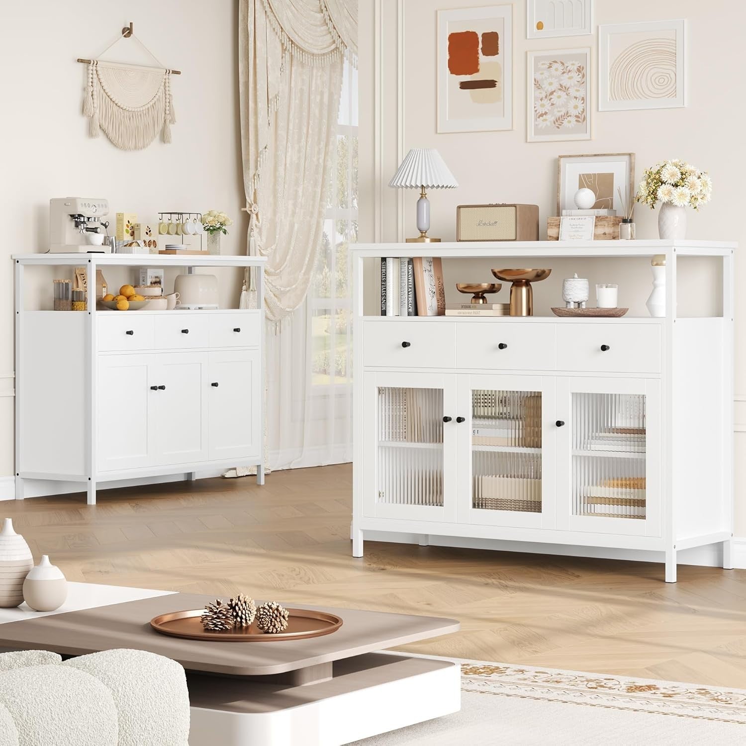 Modern White Sideboard Cabinet with Glass Doors 3 Drawers Adjustable Shelves
