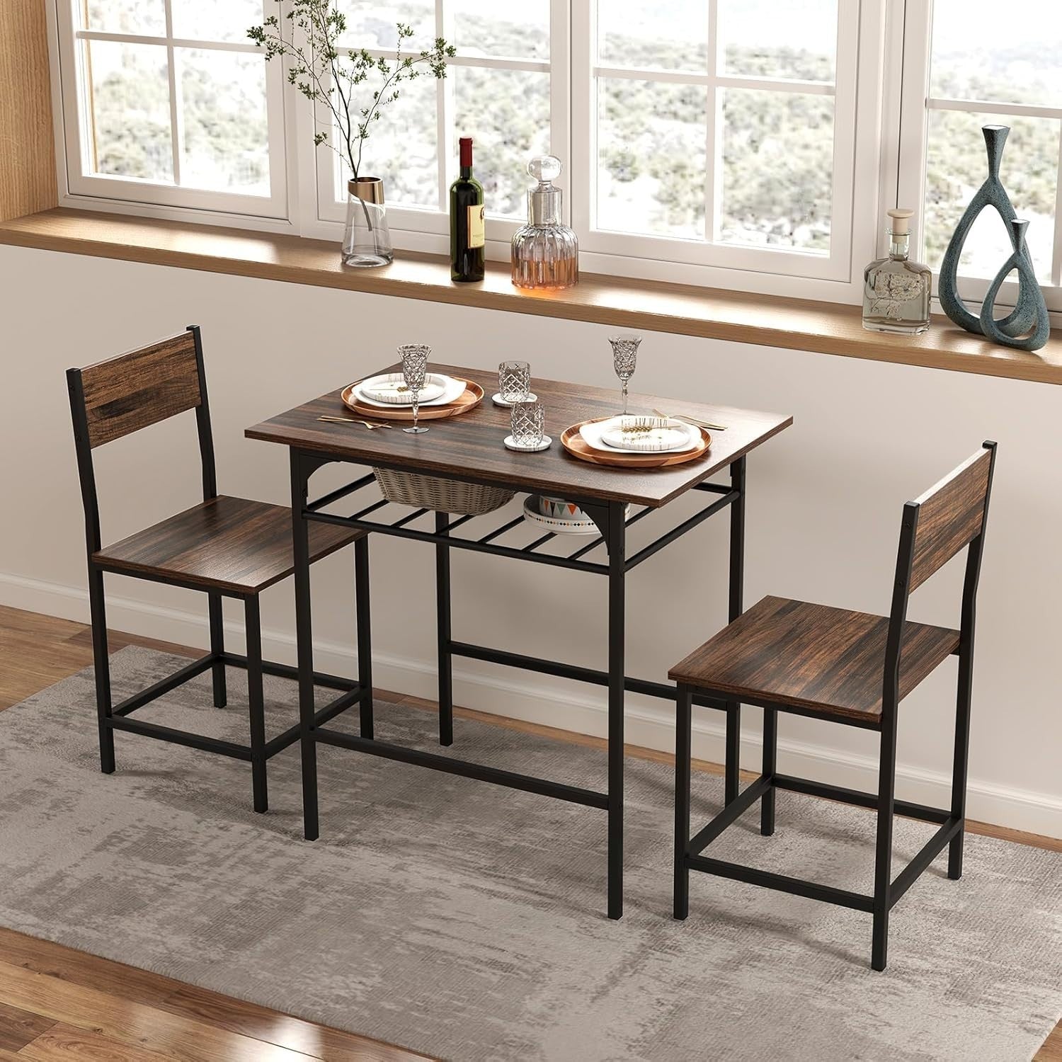 Dining Table Set Storage Rack & 2 Stools, Rustic Brown Space Saving Kitchen Set