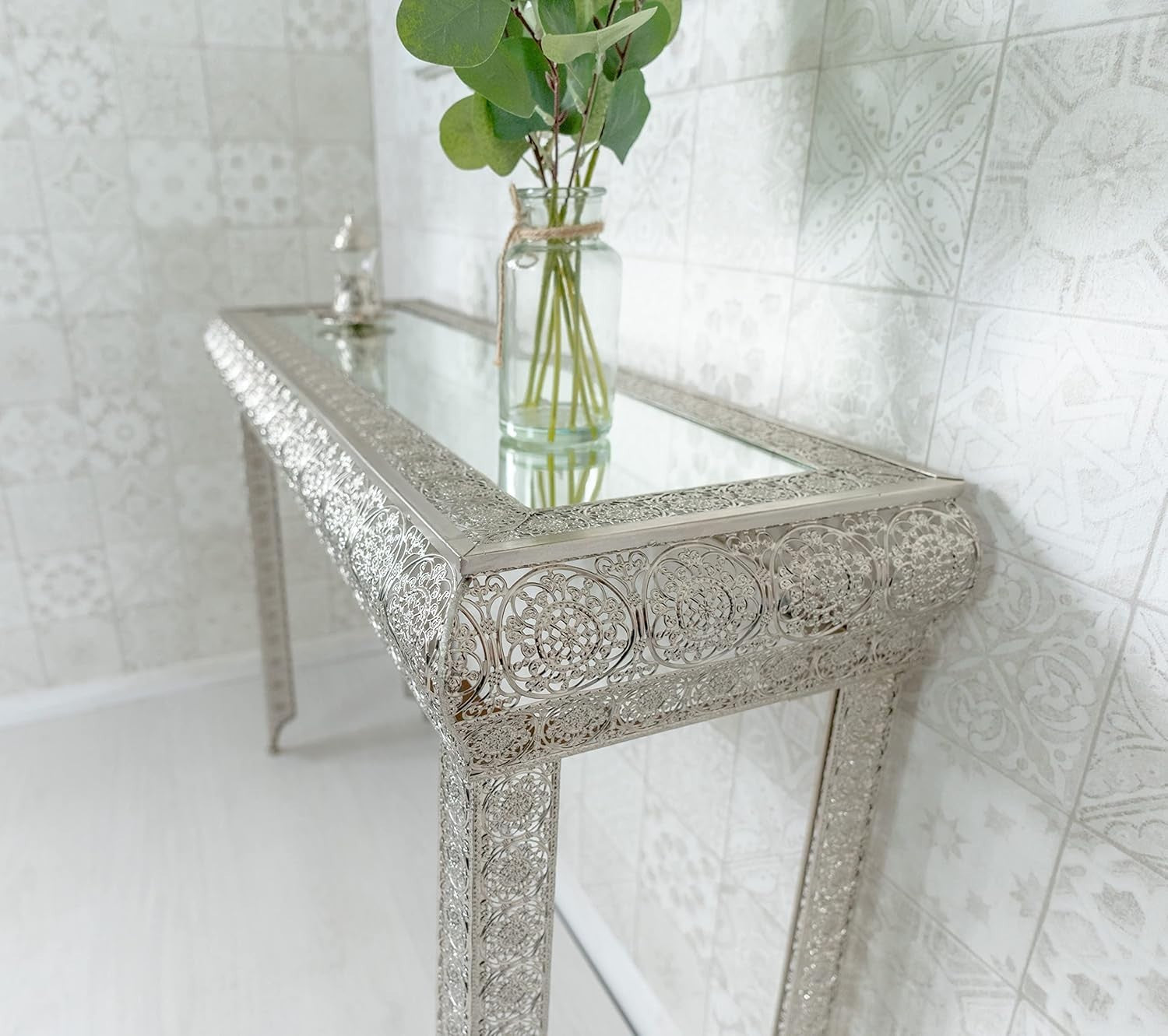 Moroccan Silver Embossed Metal Console Table with Glass Top 33Dx102Wx75H cm