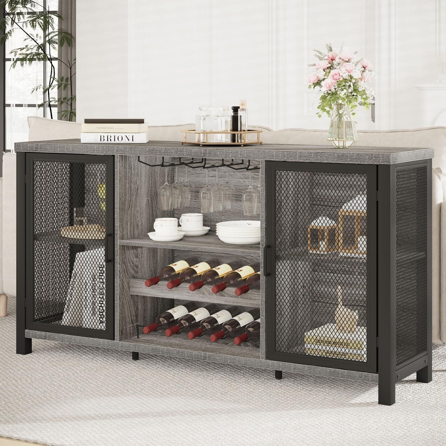 Large Industrial Bar Cabinet with Wine Racks Glass Storage Sideboard Light Grey