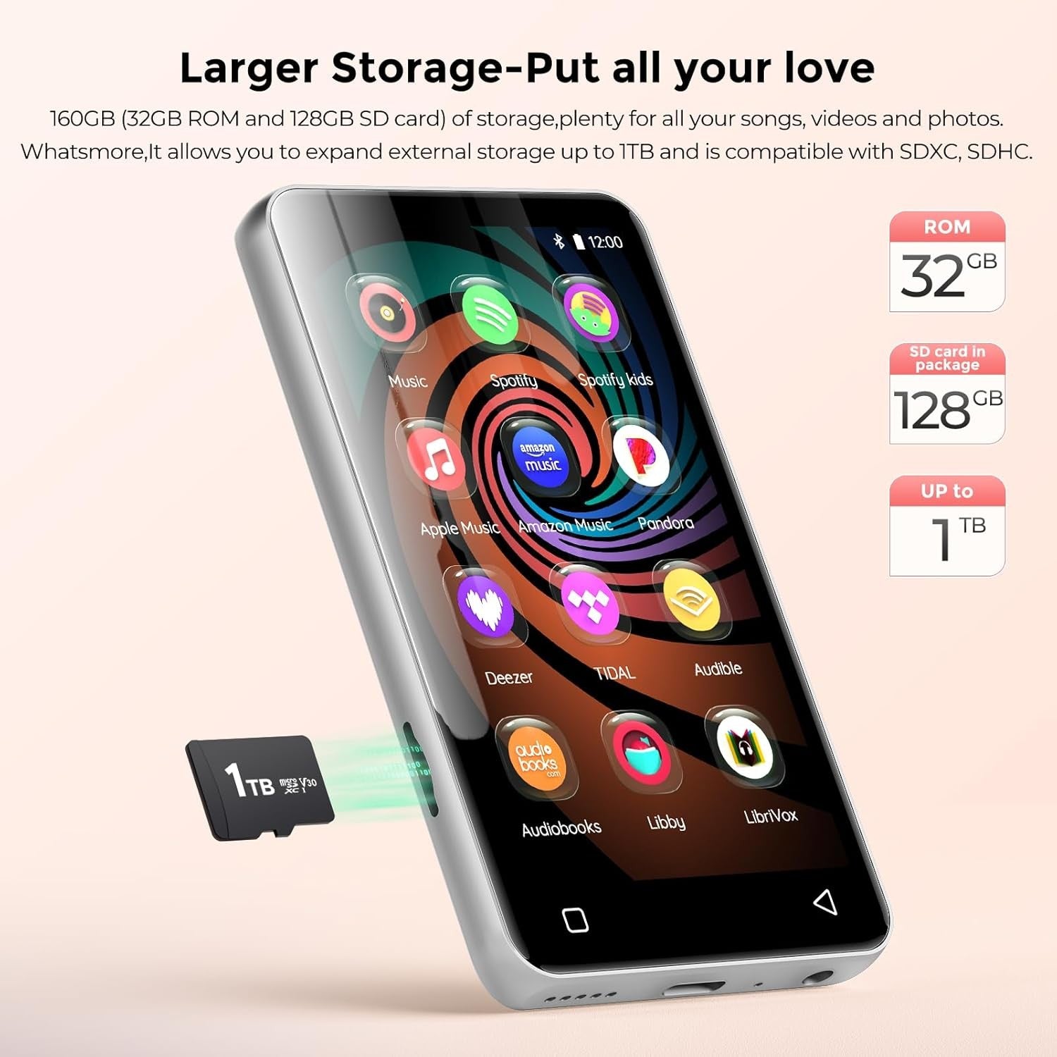 160GB MP3 MP4 Player White 4" Touch WiFi Bluetooth Spotify
