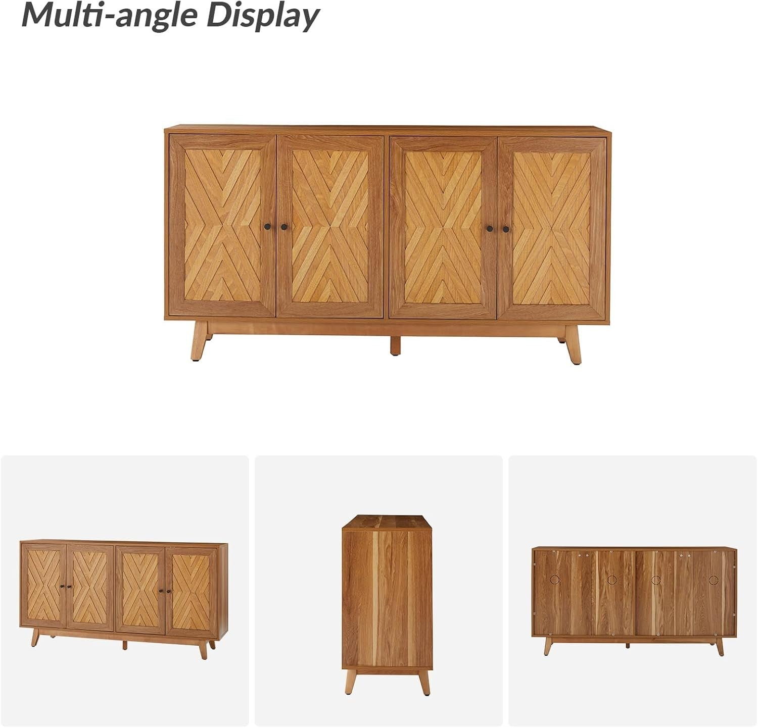 Walnut Sideboard Cabinet Chevron Design Adjustable Shelves Solid Legs