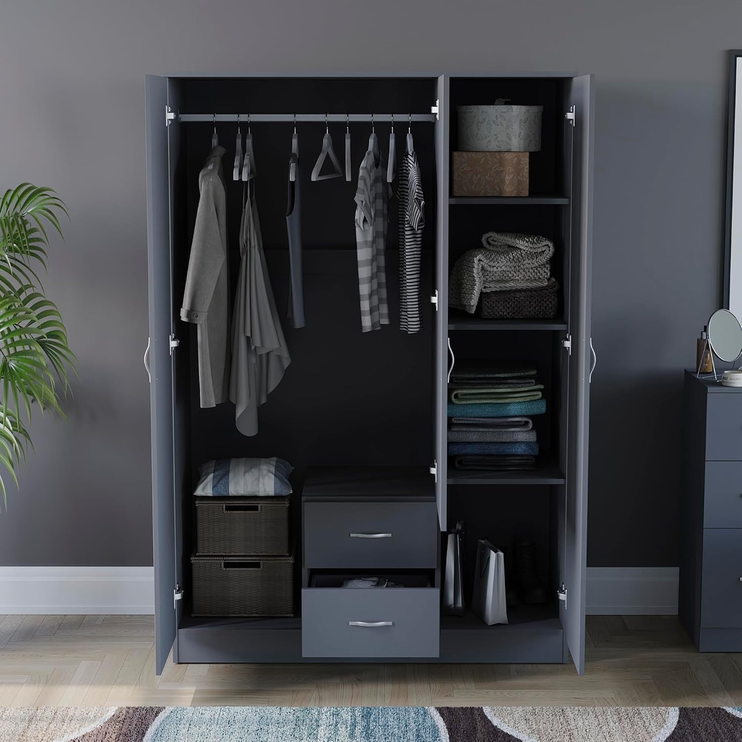 Grey 3 Door Mirrored Wardrobe with Hanging Rail & Drawers, Bedroom Storage