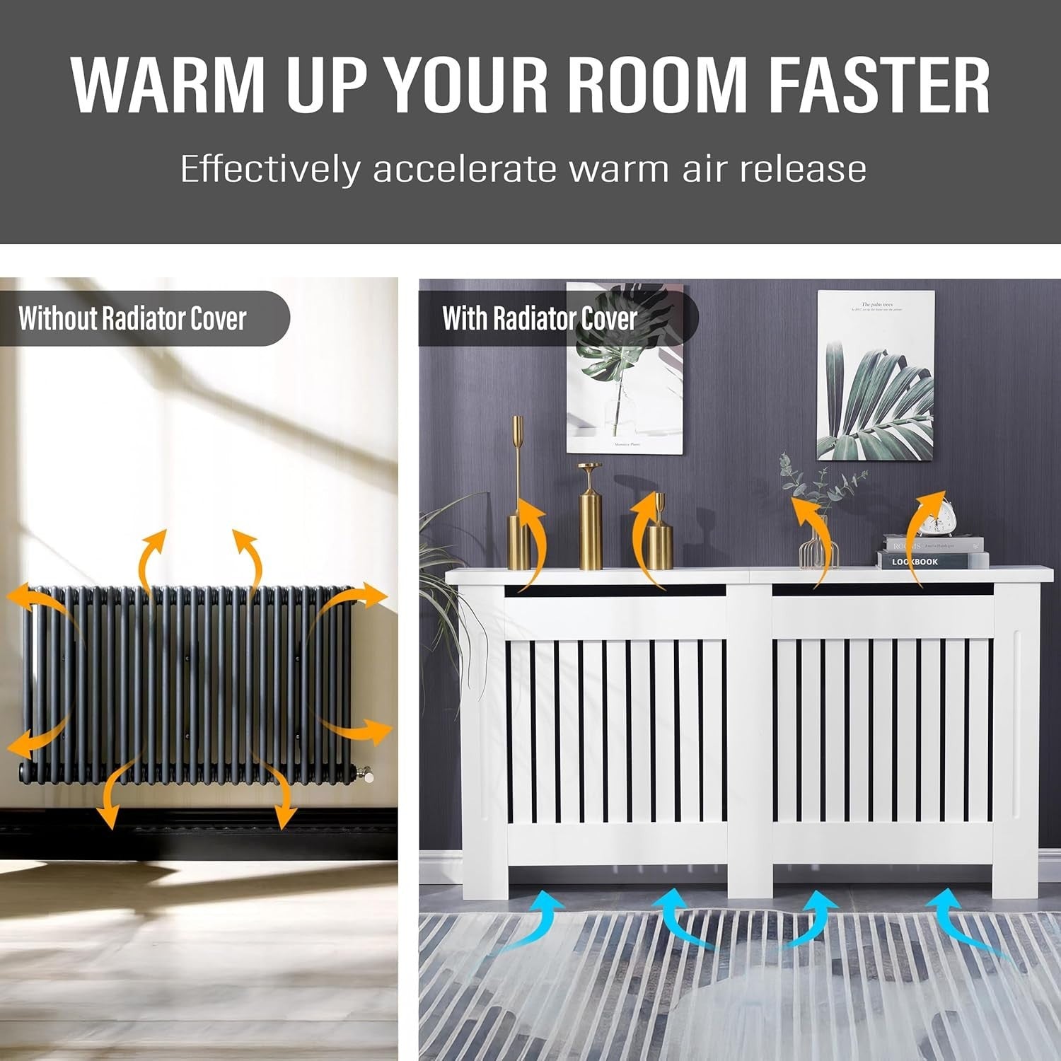 Extra Large White Radiator Cover Cabinet | MDF Wood Slatted Heating Shelf