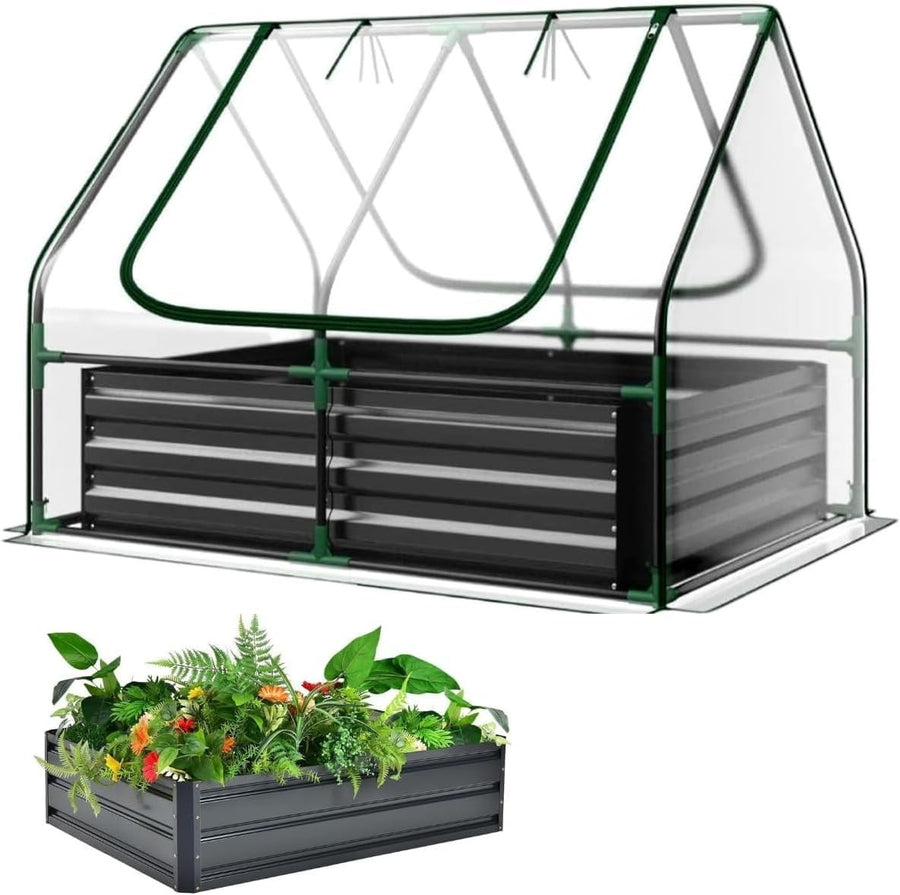 Raised Garden Bed with Greenhouse & PVC Cover 125x95x92cm Metal Planter Box