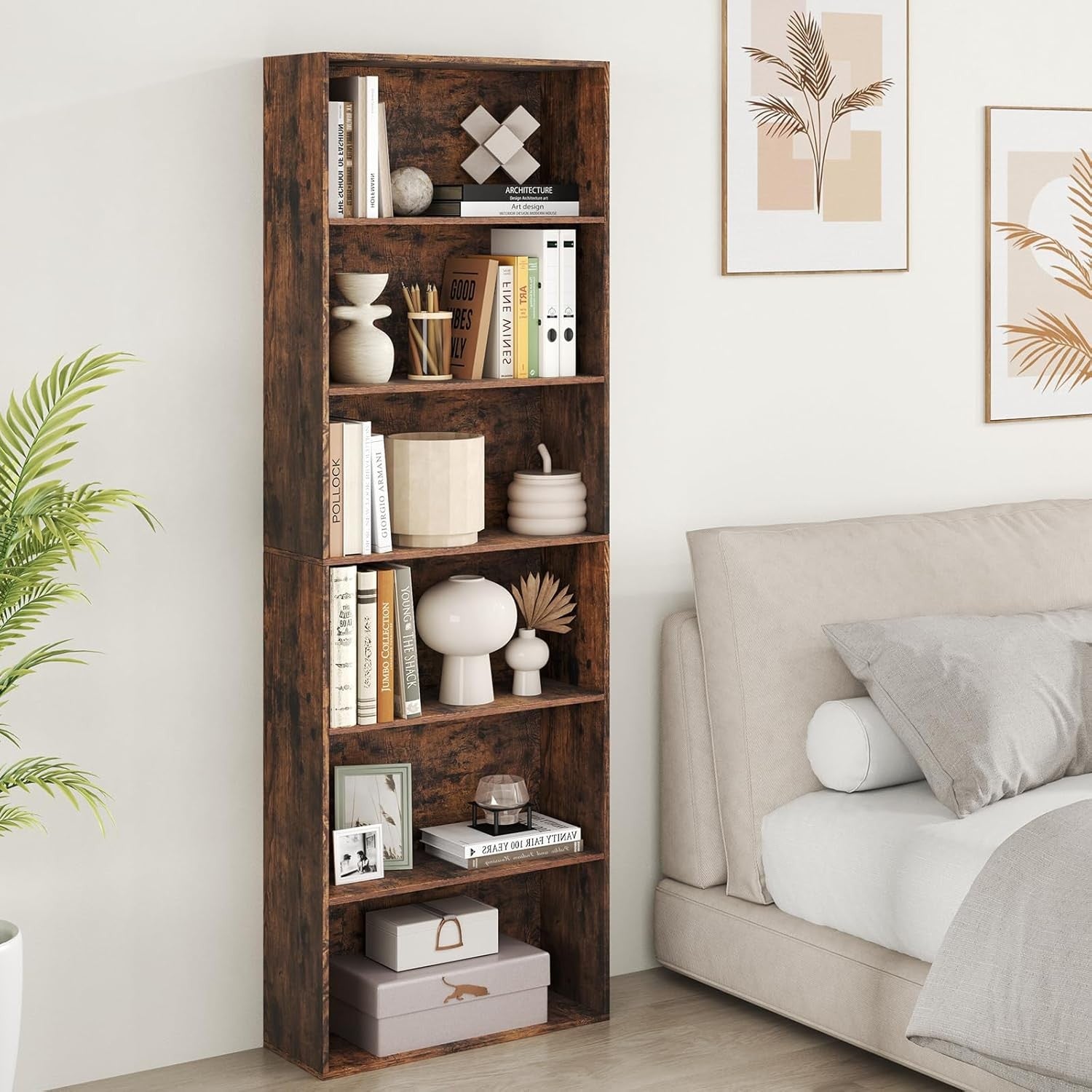 Tall 6-Tier Bookshelf Storage Unit Rustic Wood Shelving Rack for Living Room