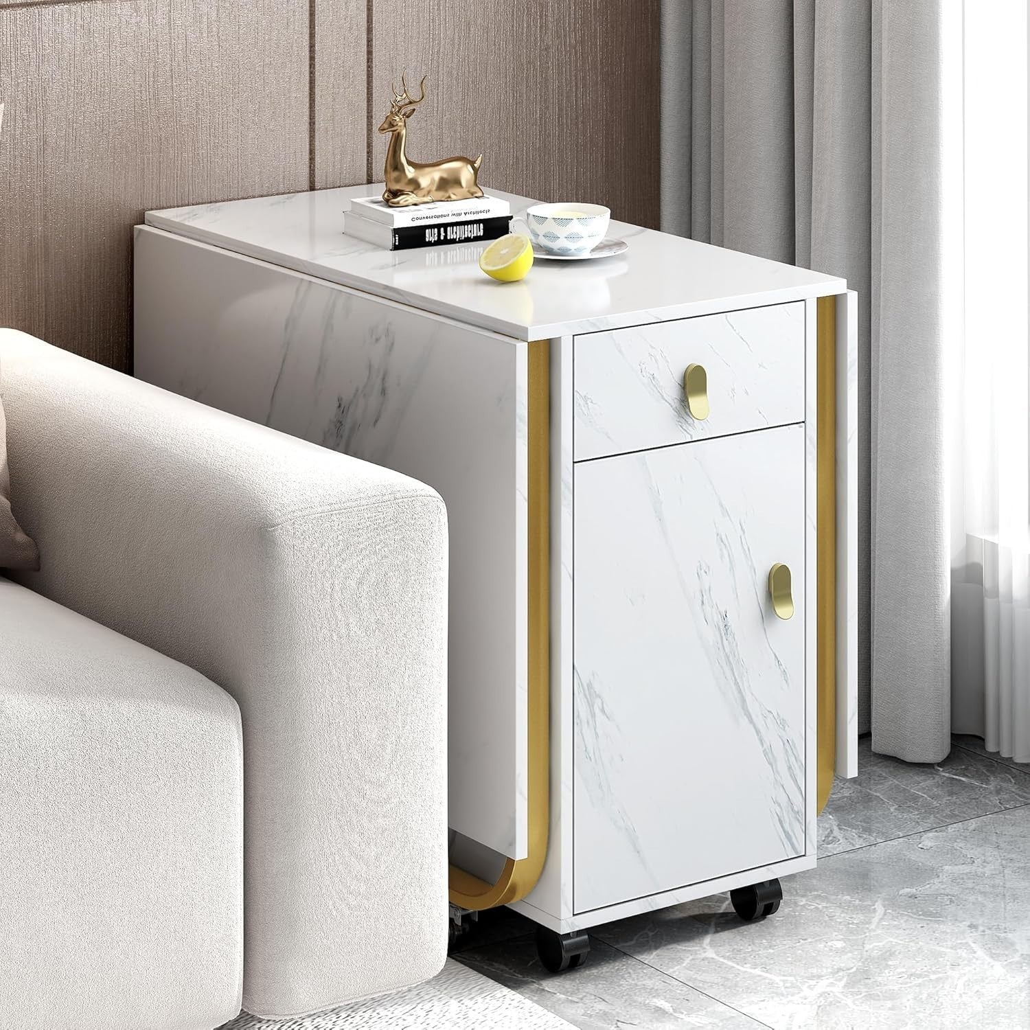 Folding Marble Dining Table 2 Drawers Storage Home Kitchen Island Unit