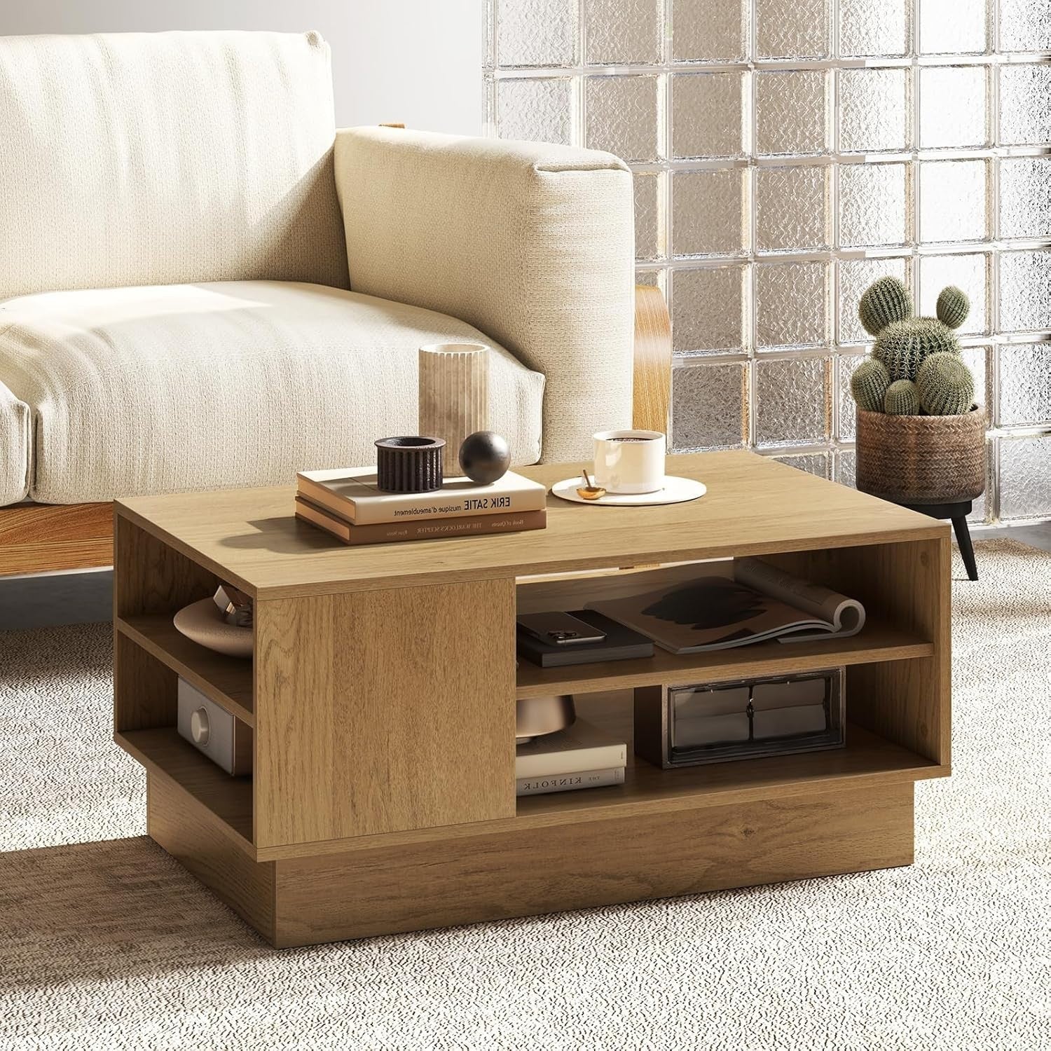 Modern Wooden Coffee Table with 2-Tier Storage & Recessed Base 86x56x41cm