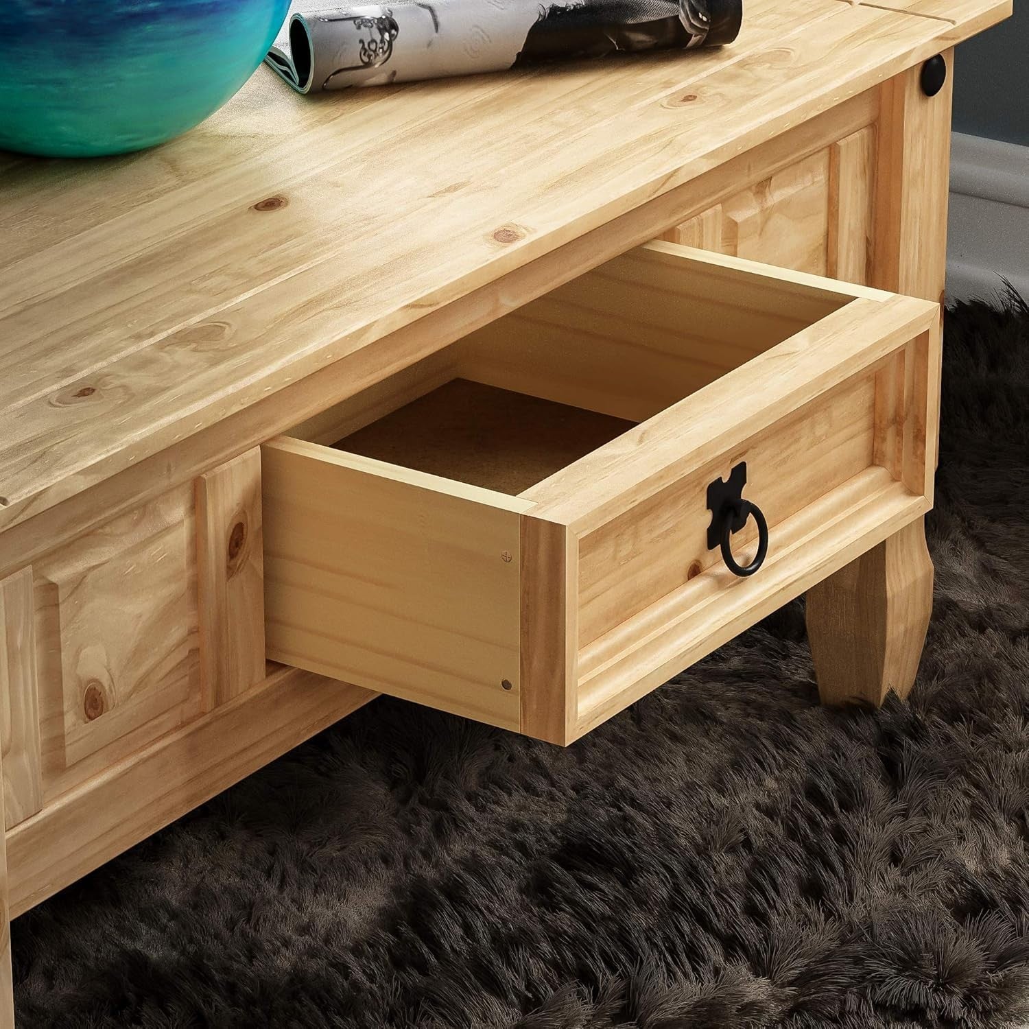 Rustic Solid Pine Coffee Table with Drawer – Distressed Wood, 94cm Wide