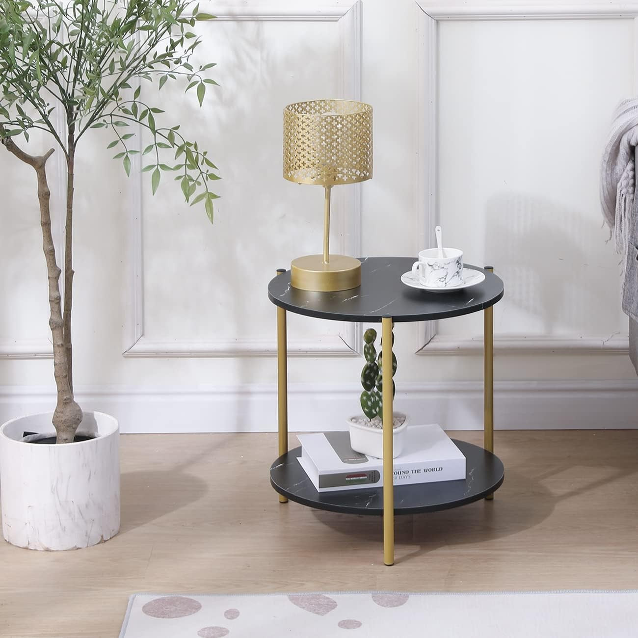 Round Black Marble Side Table with 2-Tier Shelf – Modern Gold Frame End Table