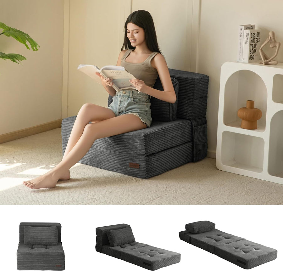 Tri-Fold Folding Sofa Bed Chair Futon Single Z Bed Foam Mattress Lounge