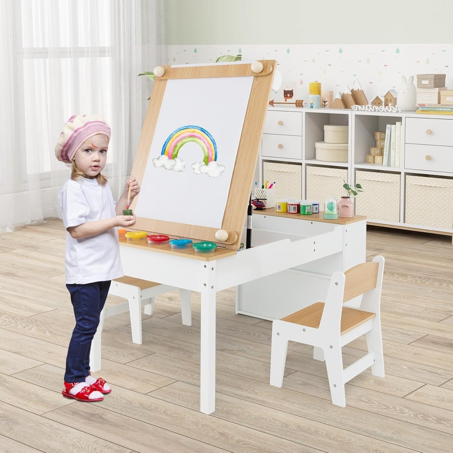 Wooden Kids Art Table & Chair Set w/ Easel, Storage Bins & Paint Cups 109cm