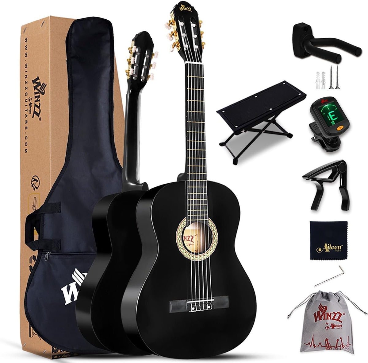 39in 4/4 Classical Guitar Nylon String Black Starter Kit