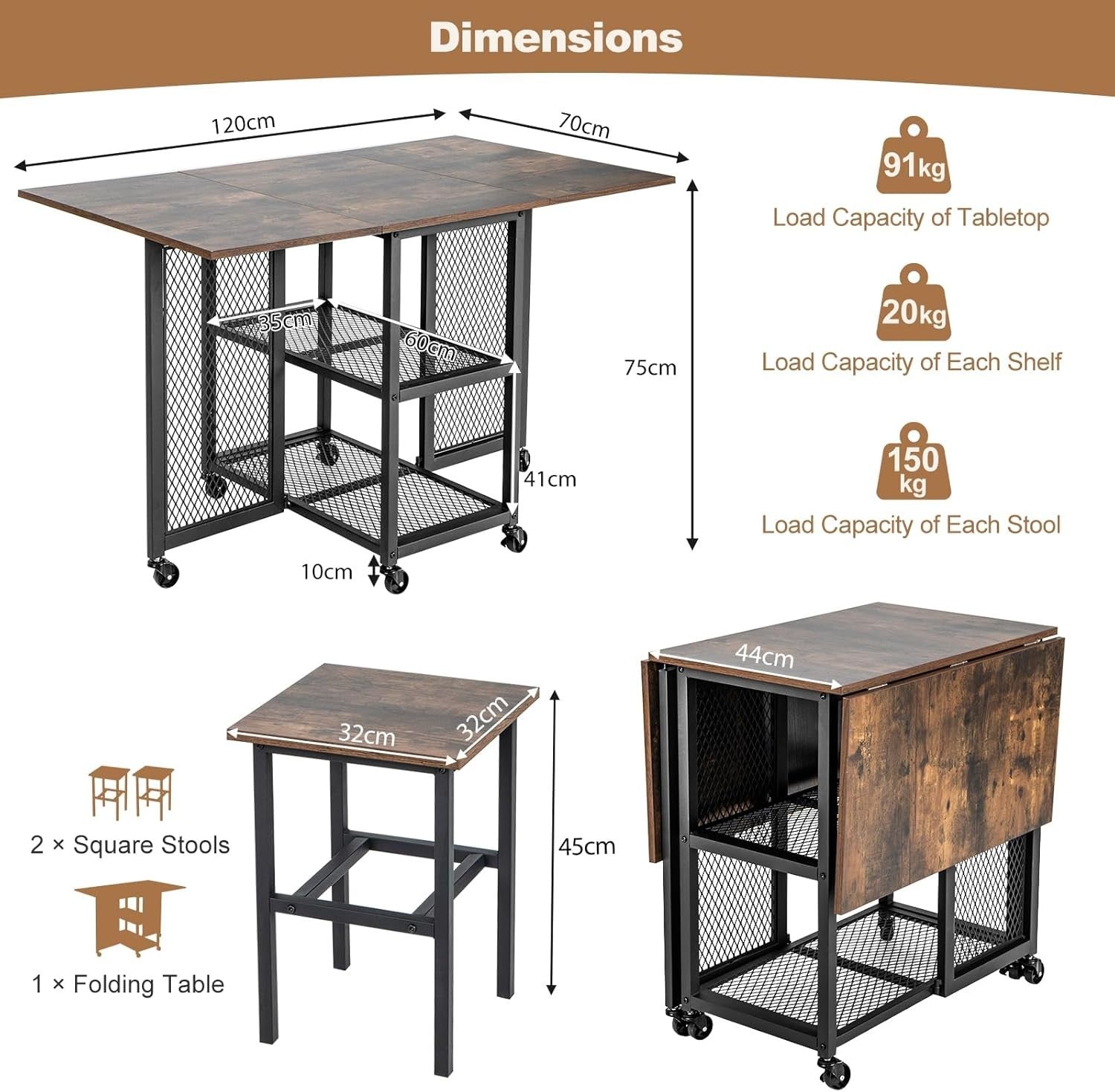 Drop Leaf Folding Dining Table Set with Stools Storage Shelves Space Saving