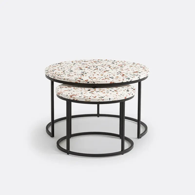 Set 2 Terrazzo Round Nesting Coffee Tables 70/50 cm Black Metal Base