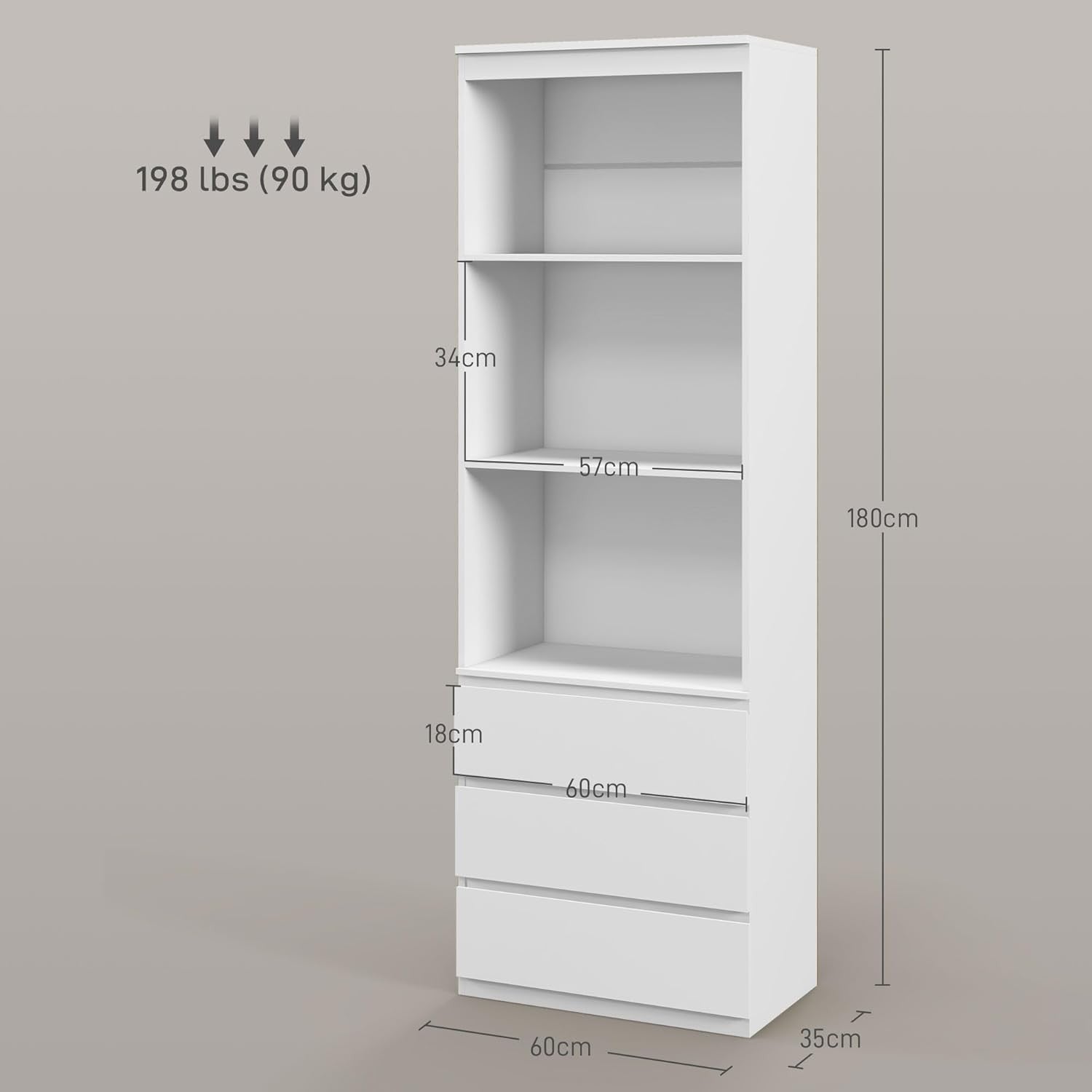 Tall White 180cm Bookcase with Drawers Modern Slim Storage Shelf Display Unit