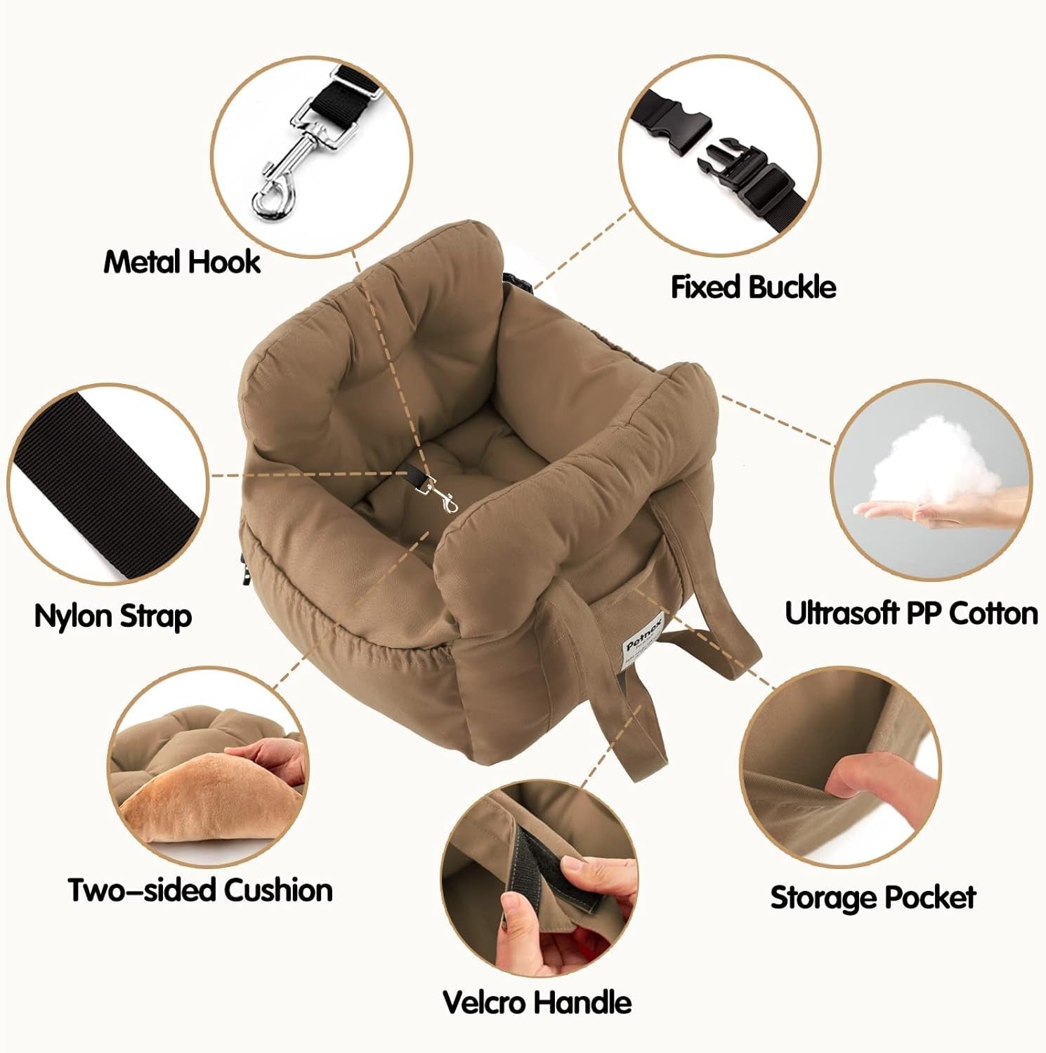 Portable Dog Car Booster Seat Pet Travel Carrier Bed Khaki Small Dogs