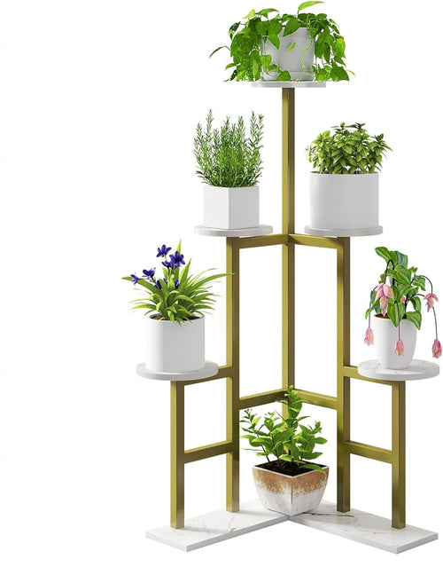 6 Tier Gold Metal Wood Plant Stand | Tall Indoor Corner Flower Pot Display Shelf