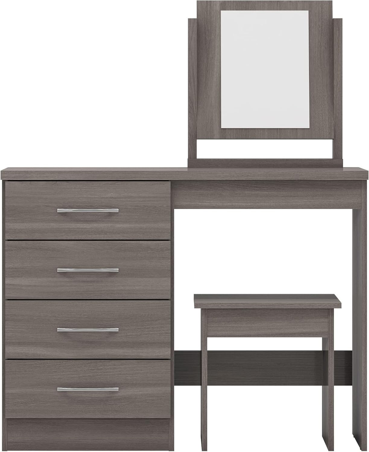 4-Drawer Dressing Table Set with Stool Mirror Black Wood Grain Modern Bedroom