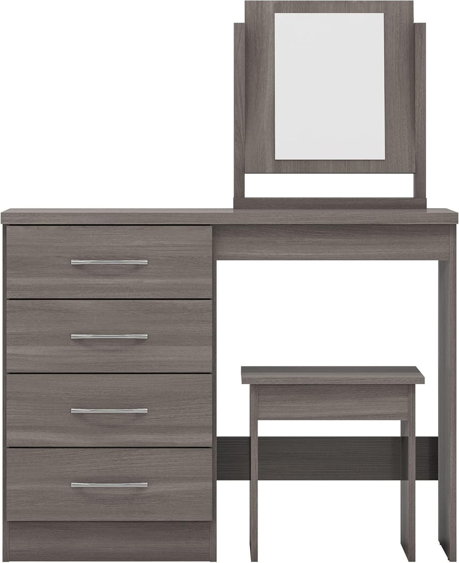 4-Drawer Dressing Table Set with Stool Mirror Black Wood Grain Modern Bedroom