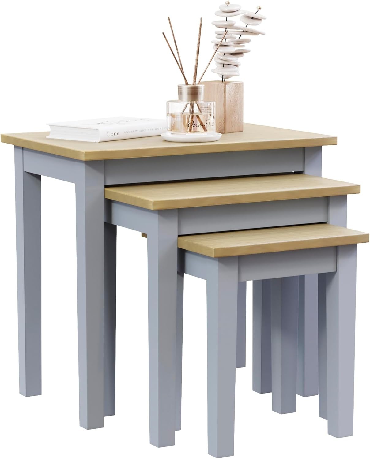 Nest of 3 Modern Coffee Side Tables Oak Grey Wood End Living Room Furniture
