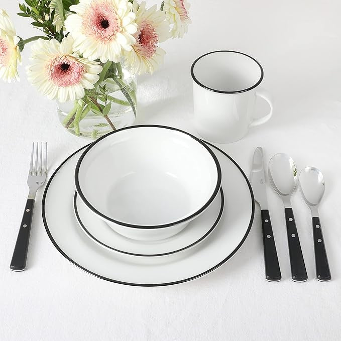 16pc Porcelain Dinnerware Set White Black Rim Plates Bowls Mugs Dishwasher Safe