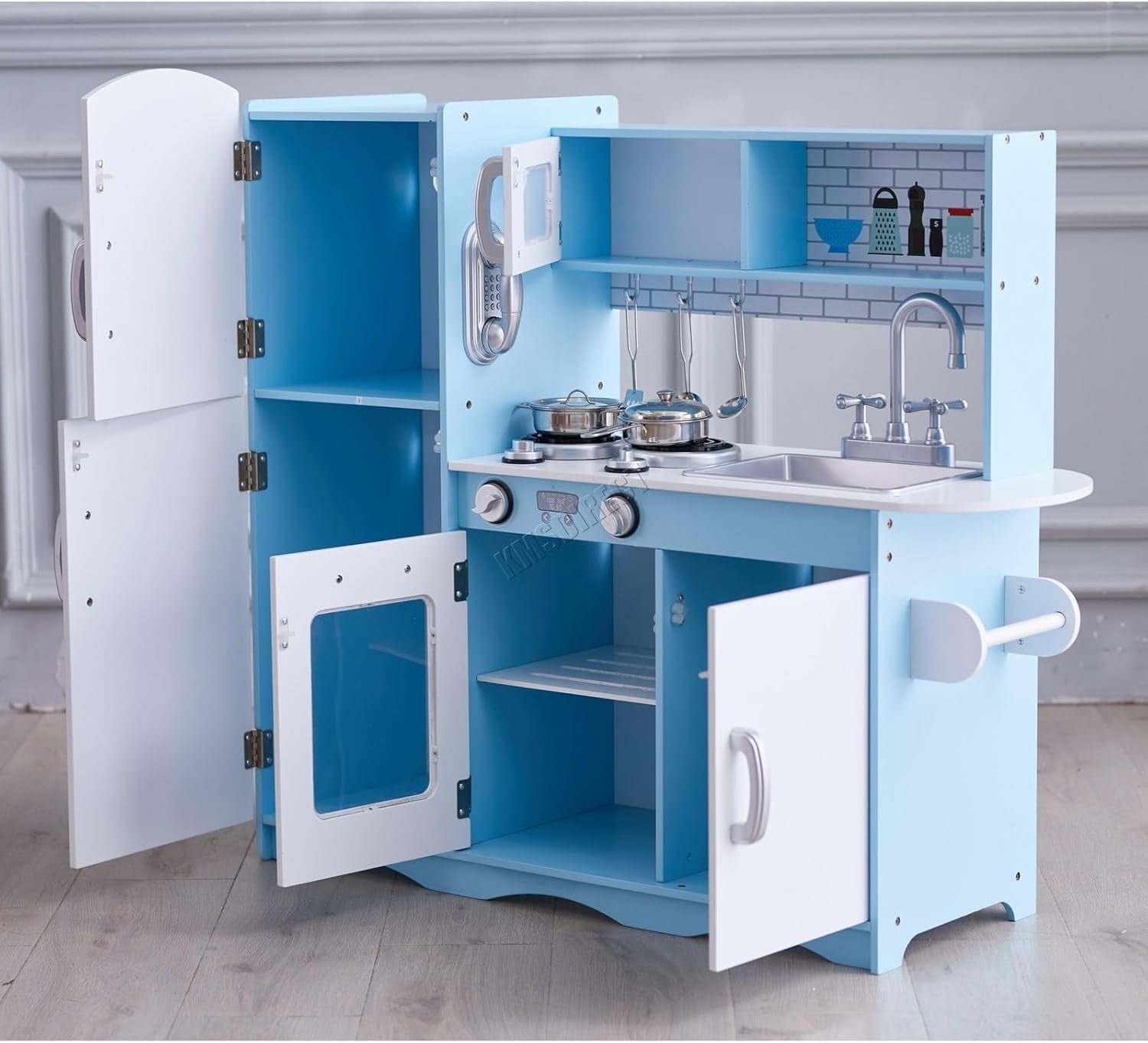 Wooden Kids Play Kitchen Role Play Cooking Toy Set Blue Accessories