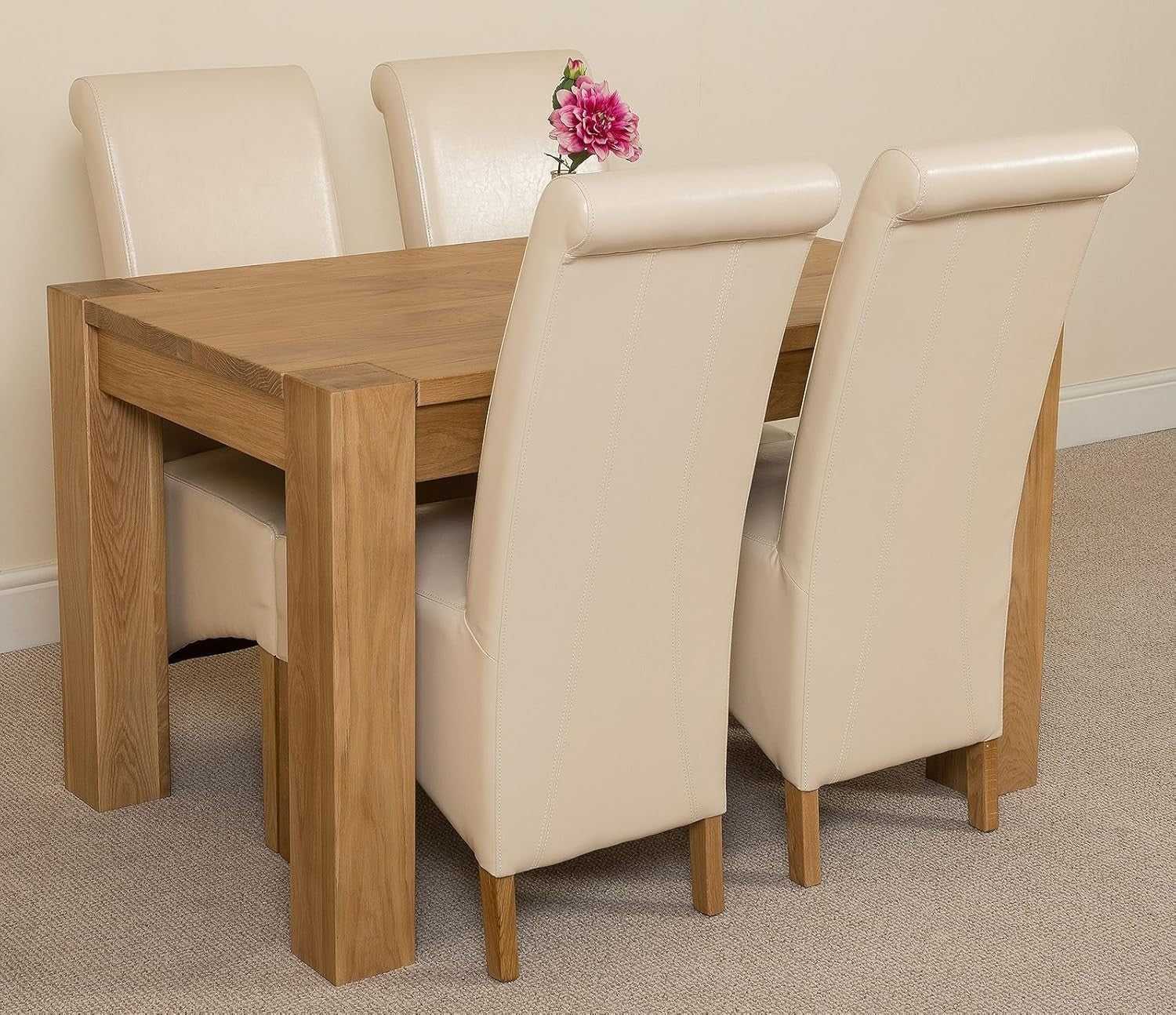 125x80cm Oak Small Dining Table & 4 Ivory Leather Chairs - Compact Set