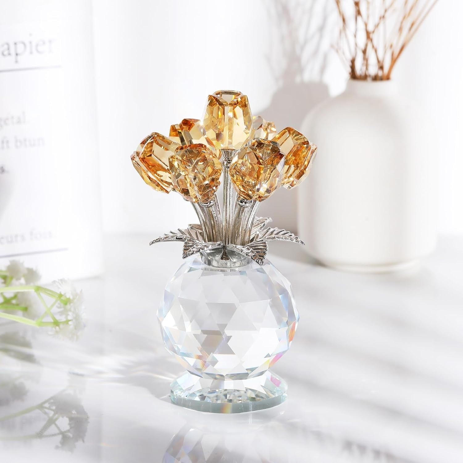 Crystal Tulip Flower Bouquet Ornament Gold – Luxury Glass Gift for Mum Wife