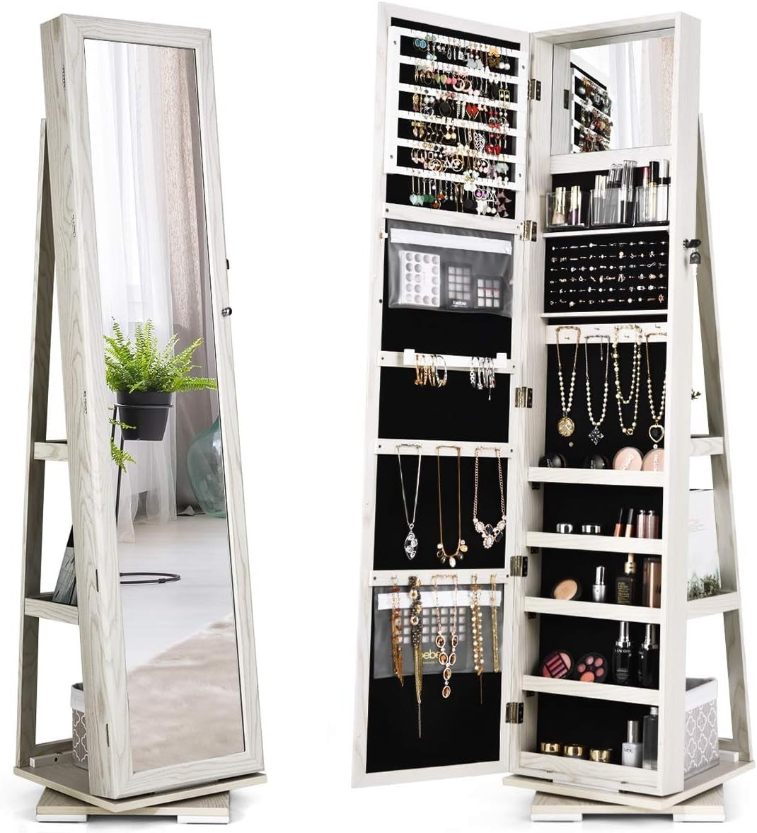 White 360° Swivel Jewelry Cabinet Mirror Lockable 3-in-1 Storage Stand
