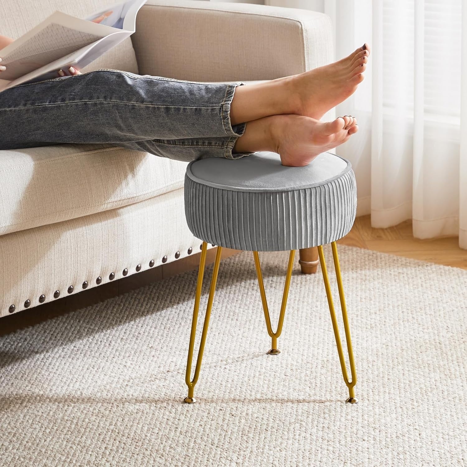 Gray Round Velvet Footrest Ottoman – Makeup Vanity Stool with Gold Legs