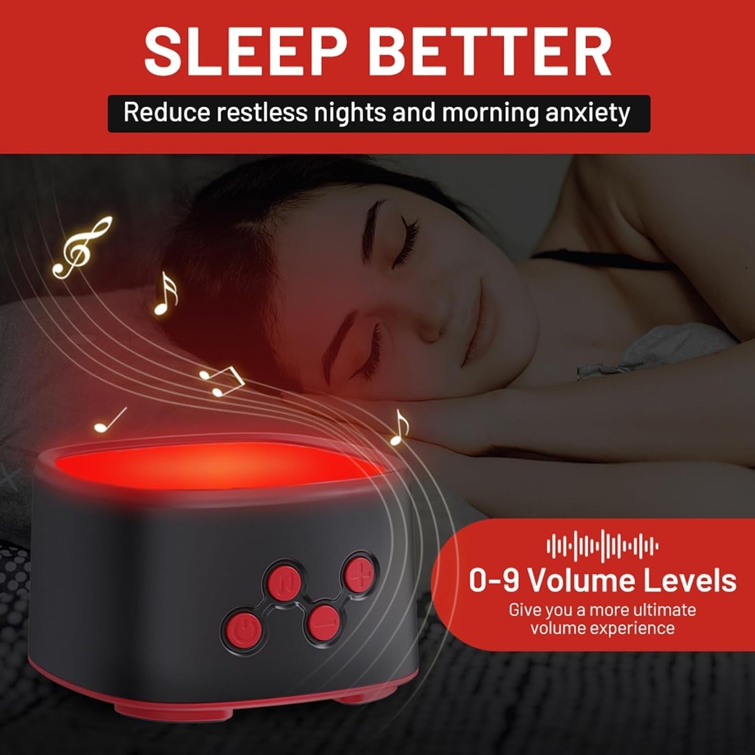 White Noise Sleep Machine with Red Light Therapy | 9 Volumes, 8 Sounds, Recharge