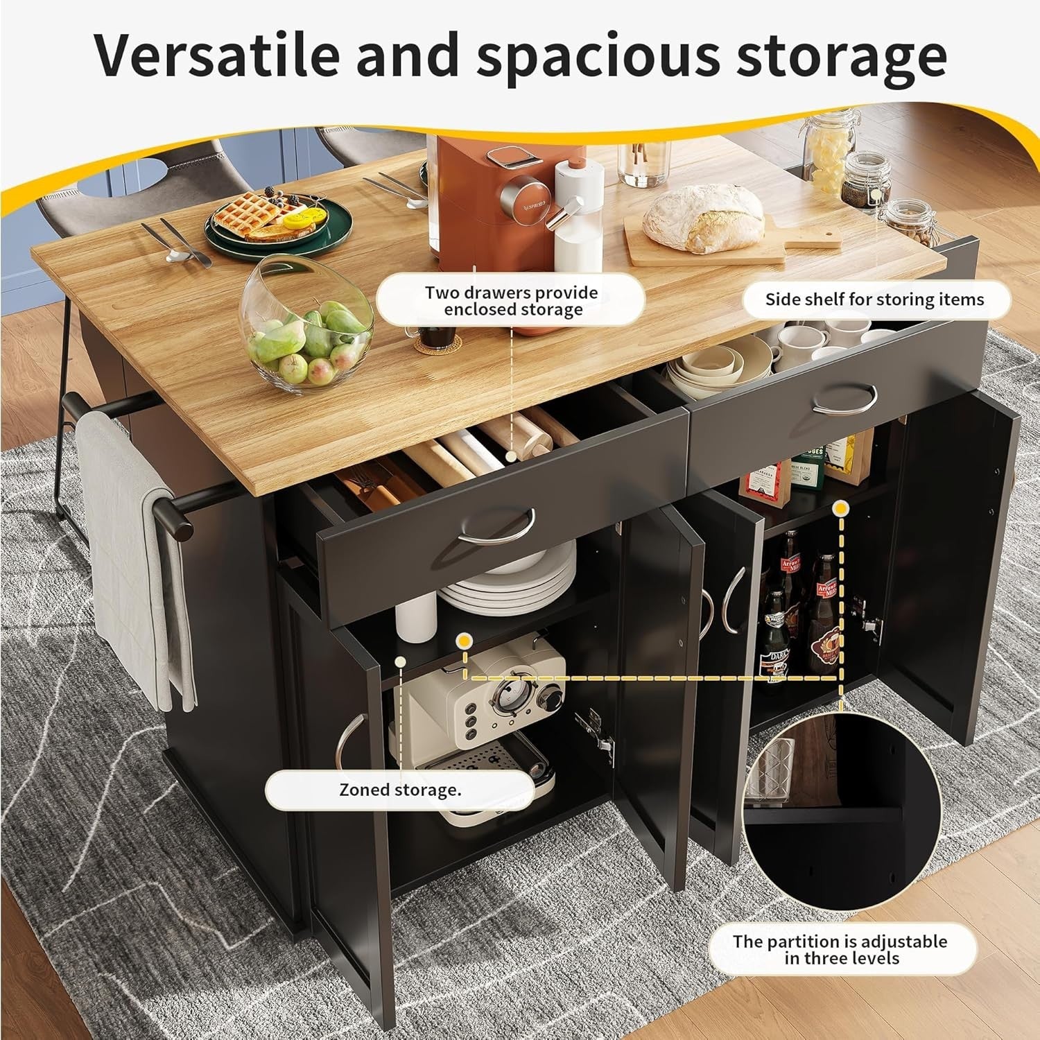 Rolling Kitchen Island Cart with Large Storage, Folding Table & Towel Rack