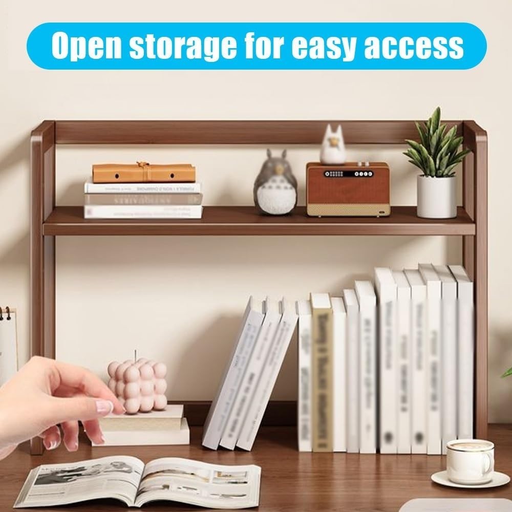 Adjustable Bamboo Desktop Bookshelf 2-Tier Desk Hutch Organizer Rack 62cm