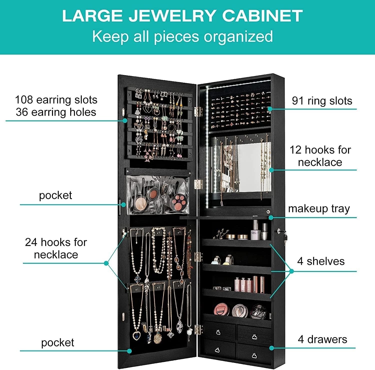 LED Mirror Jewelry Armoire Wall or Door Mount Lockable Makeup Storage