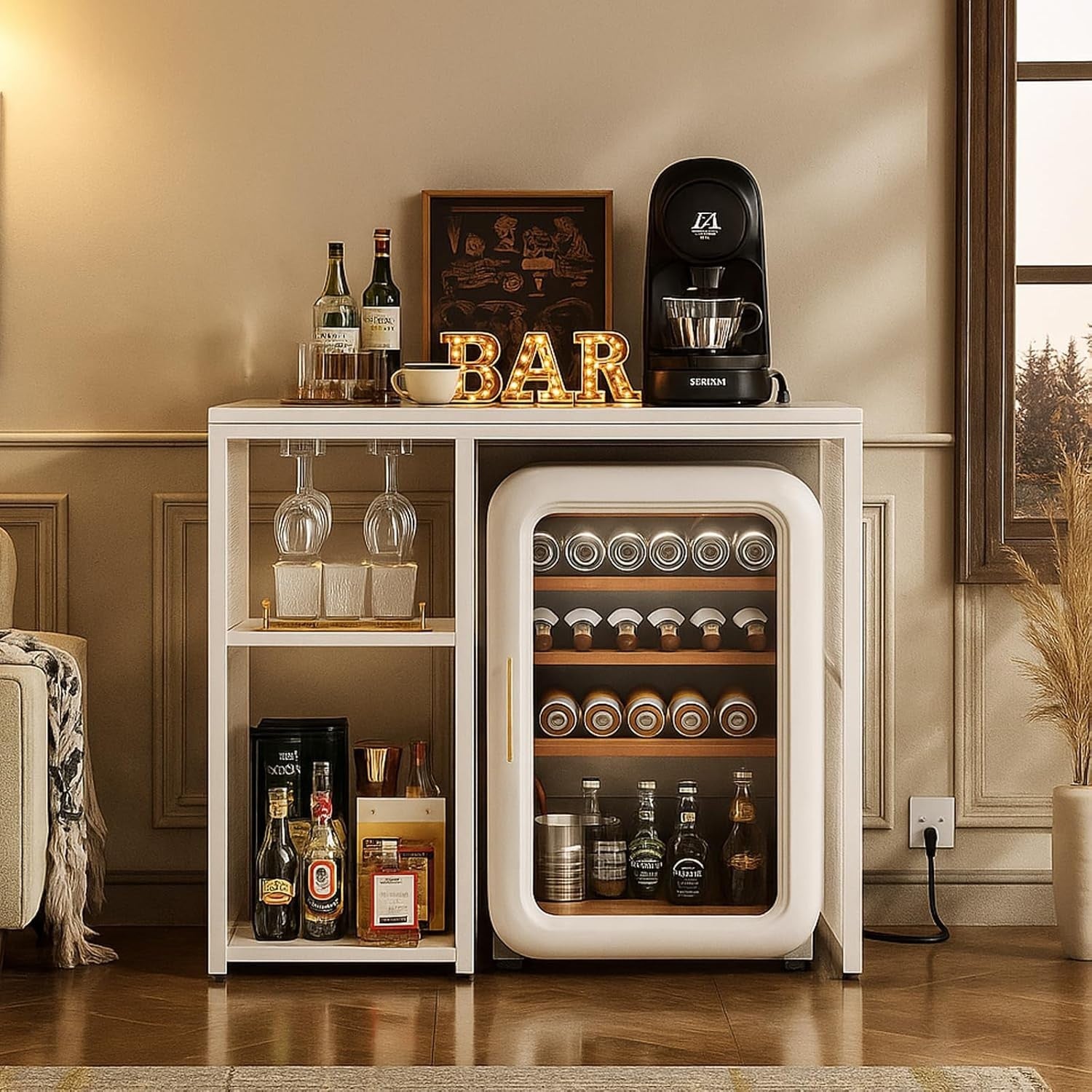 Mini Fridge Stand with Power Outlets Wine Bar Storage Cabinet White Industrial