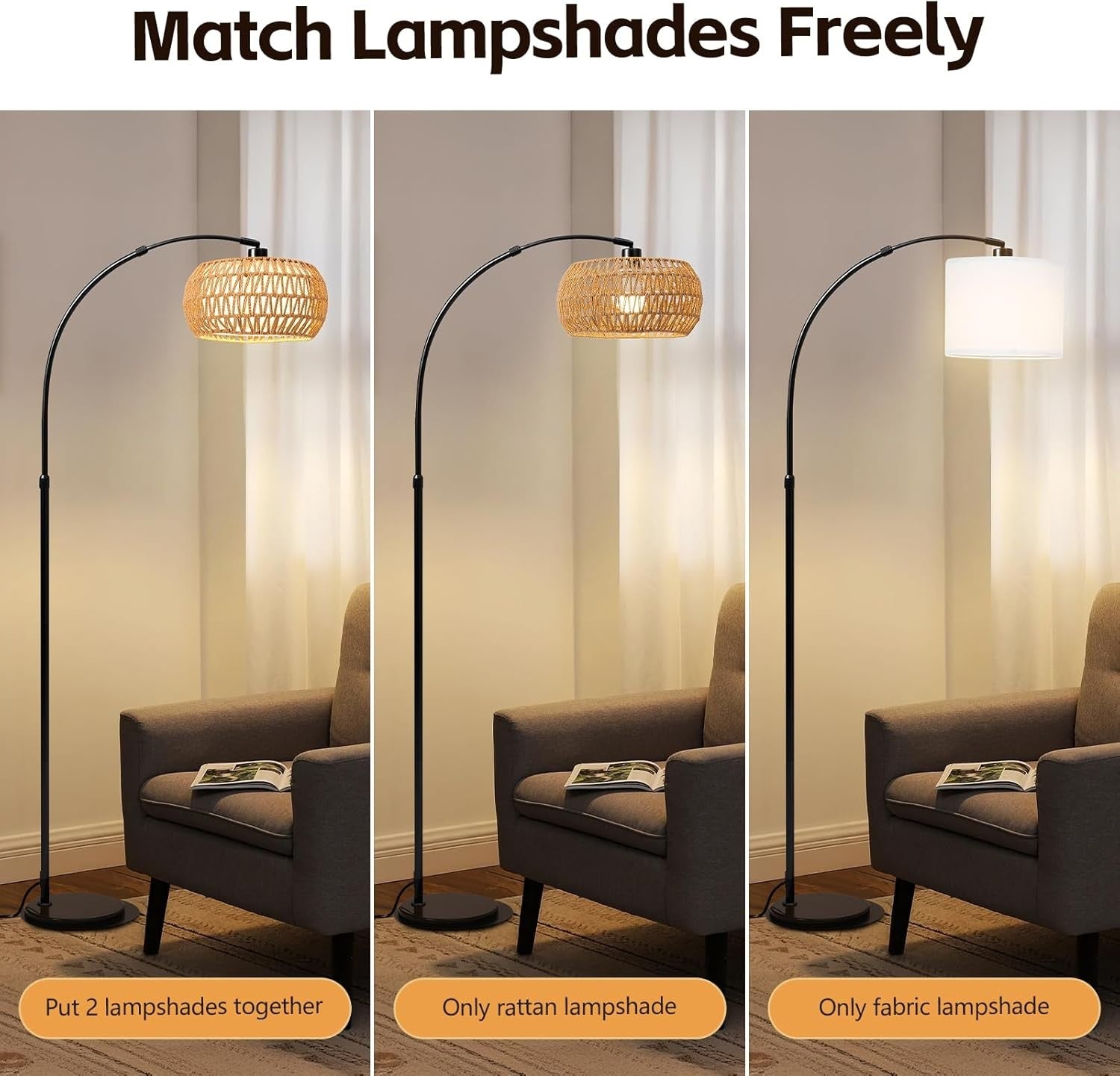 Dimmable Arch Floor Lamp with Remote Boho Rattan Shade Tall Standing Light