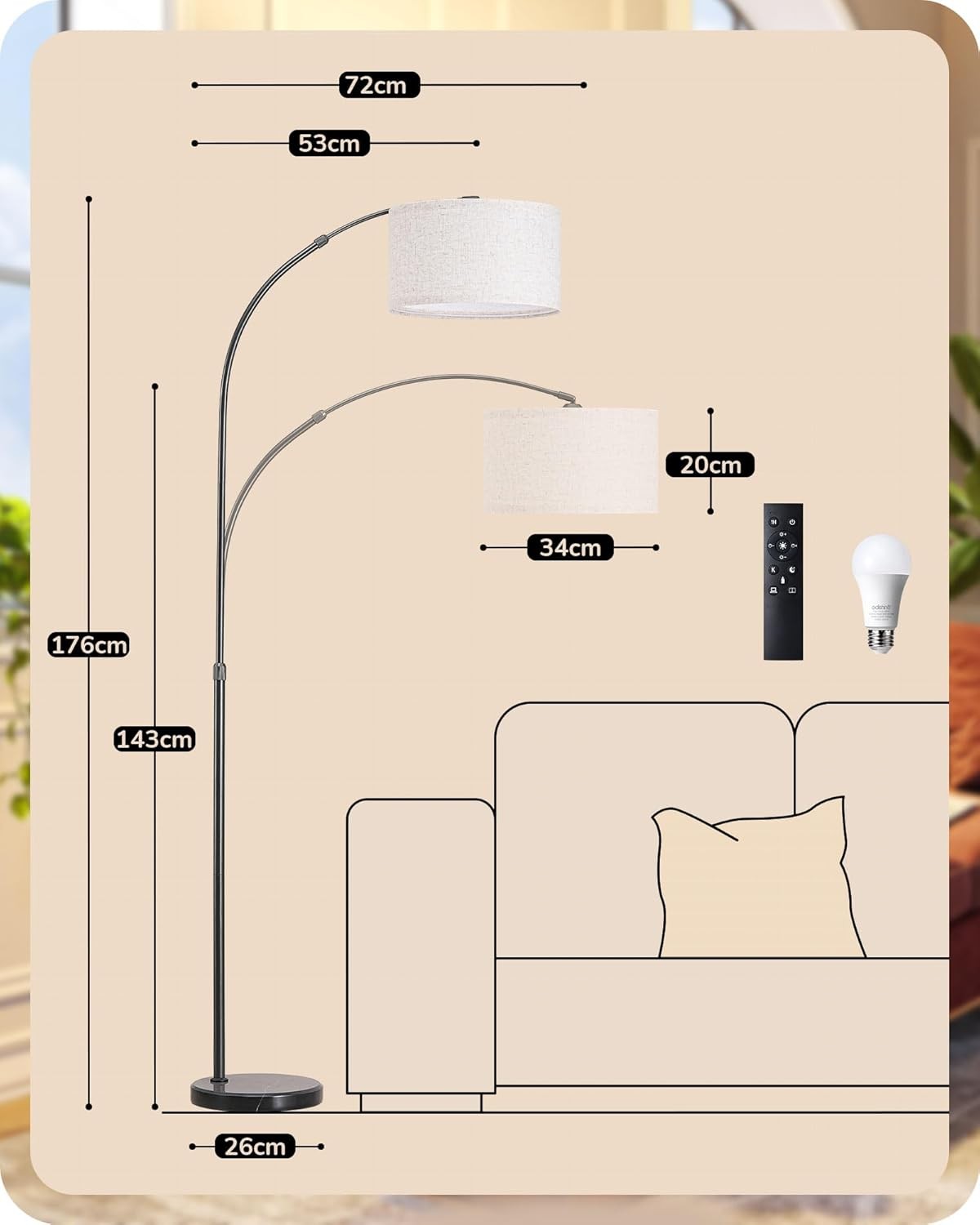 Arc Floor Lamp Dimmable Remote Control Rotatable Head LED Standing Light