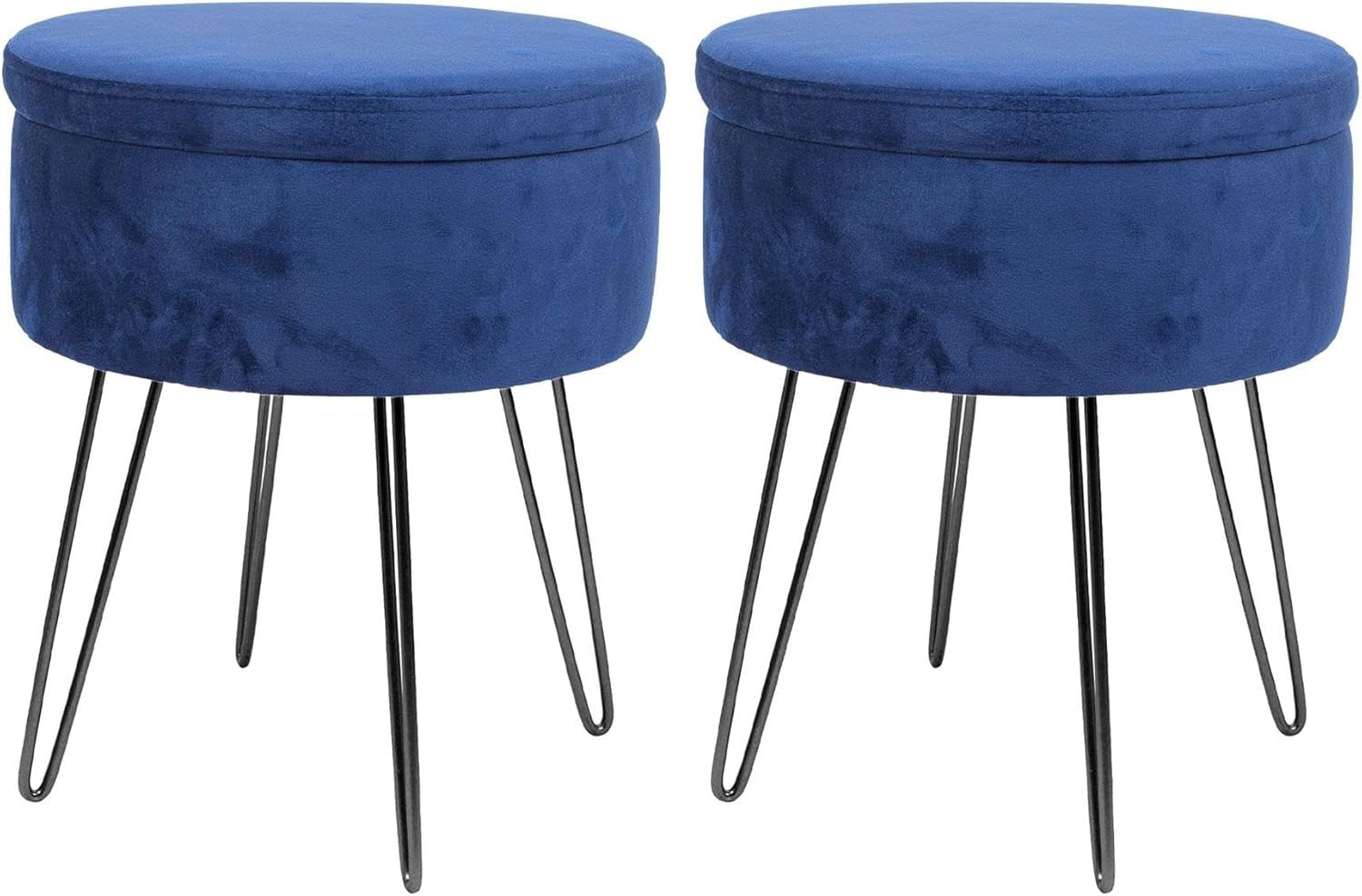 Set of 2 Blue Velvet Storage Footstools Black Legs Round Pouffe Seats