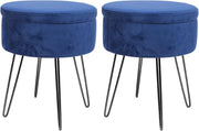 Set of 2 Blue Velvet Storage Footstools Black Legs Round Pouffe Seats