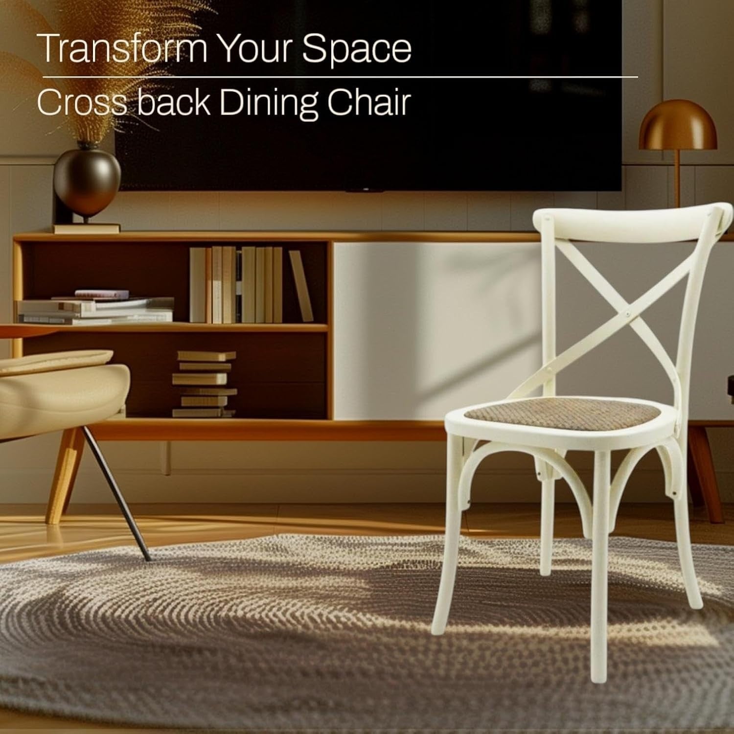 Cream Cross Back Dining Chair Oak Wood Rattan Seat Cafe Kitchen Restaurant