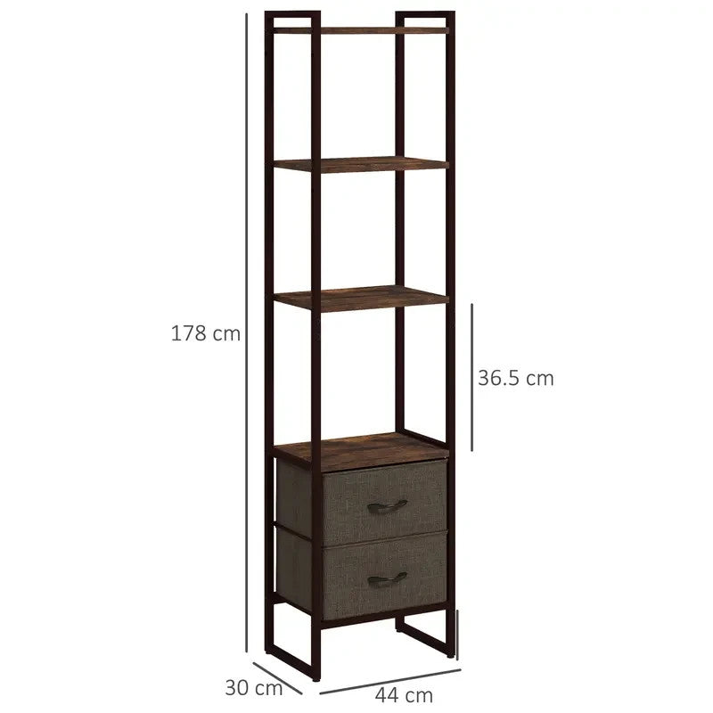 Slim Industrial Display Shelf with Drawers – Rustic Narrow Bookcase Unit