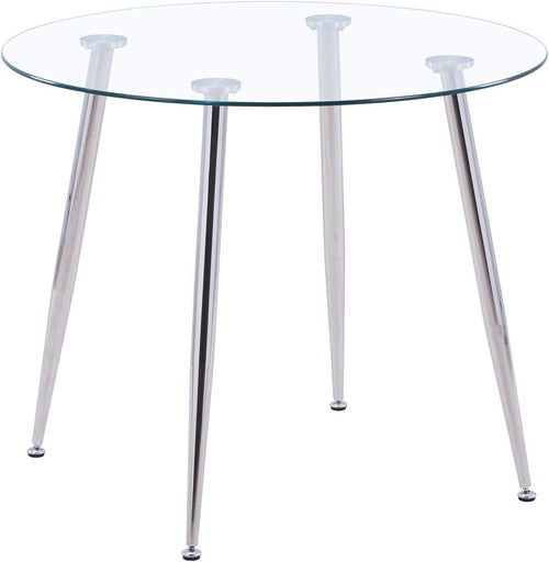 Round Silver Glass Dining Table 90x90x75cm Chrome Legs Modern Kitchen
