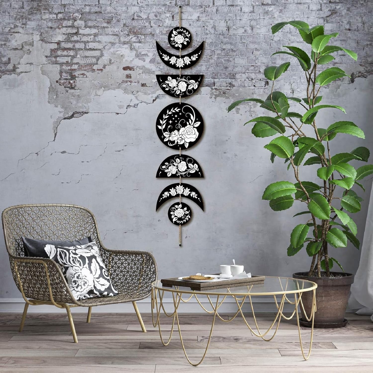 Rose Moon Phase Wall Hanging Boho Wooden Witchy Decor 7pcs
