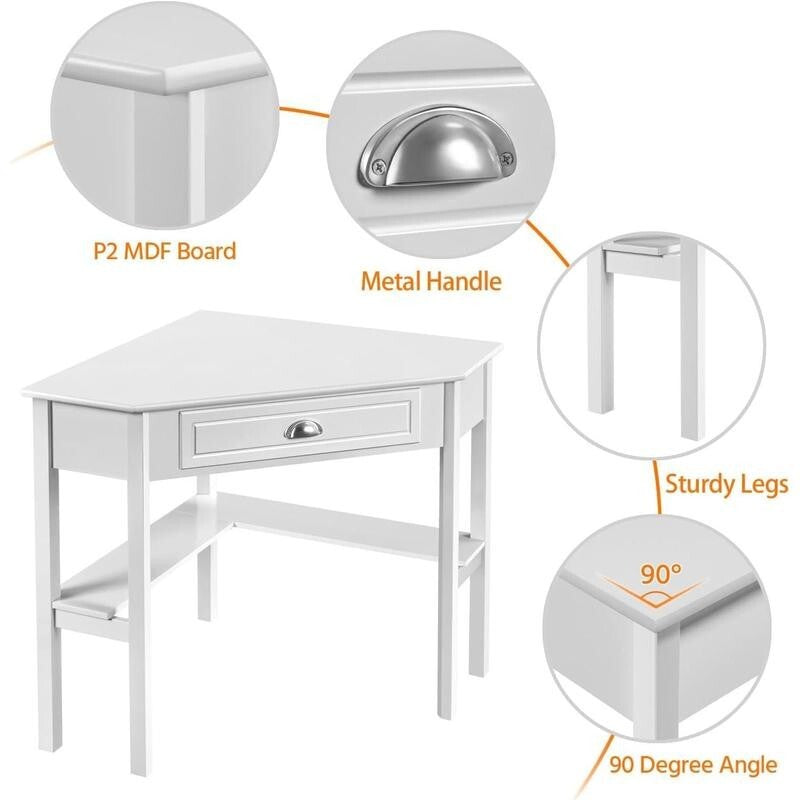 White Corner Desk 106cm L-Shaped Table with Drawer & Shelves for Small Room